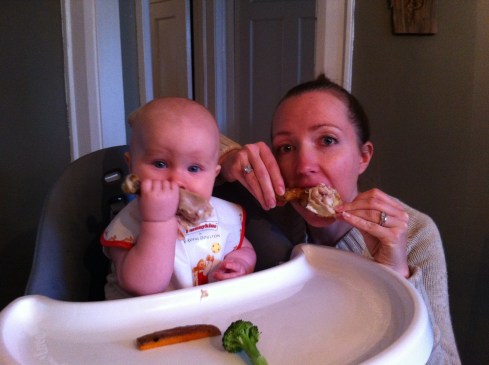 8 Month Old Linden enjoying dinner--baby-led weanng style (don't know what that is? Google it.)
